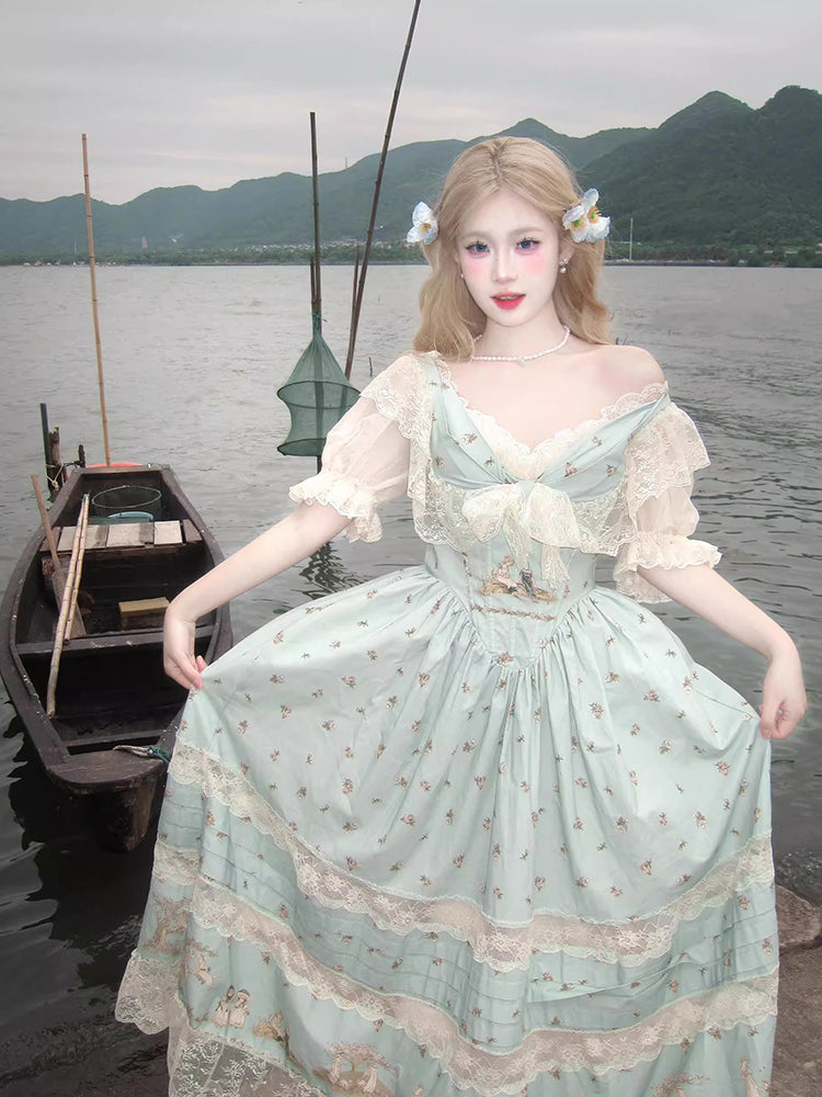 Mori Kei Lolita Light Green Floral OP Dress Vintage Cottagecore Style
