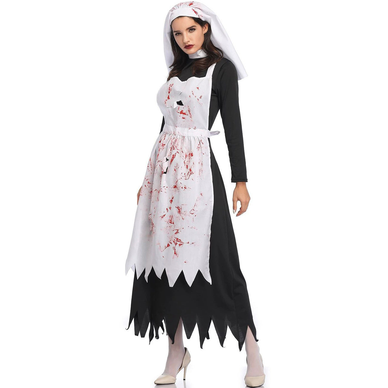 Gothic Lolita Halloween Black and White Vampire Nun Costume for Women Scary Bloody Long Dress