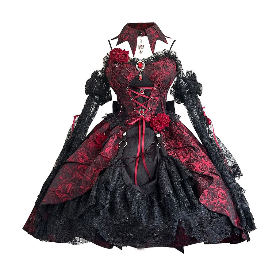 Gothic Lolita Original Rose Red Dark Jacquard Suspender Skirt with Sleeve for Halloween