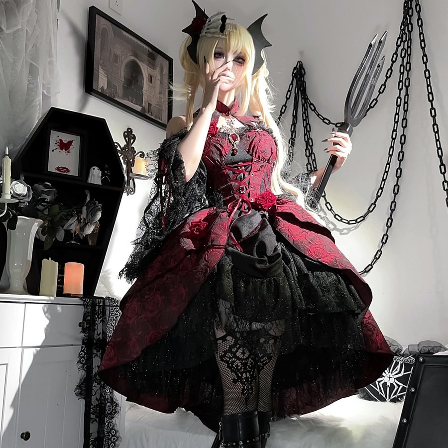Gothic Lolita Original Rose Red Dark Jacquard Suspender Skirt with Sleeve for Halloween