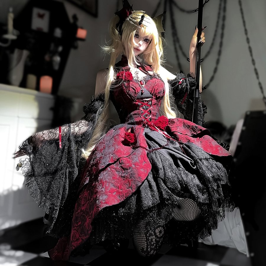 Gothic Lolita Original Rose Red Dark Jacquard Suspender Skirt with Sleeve for Halloween