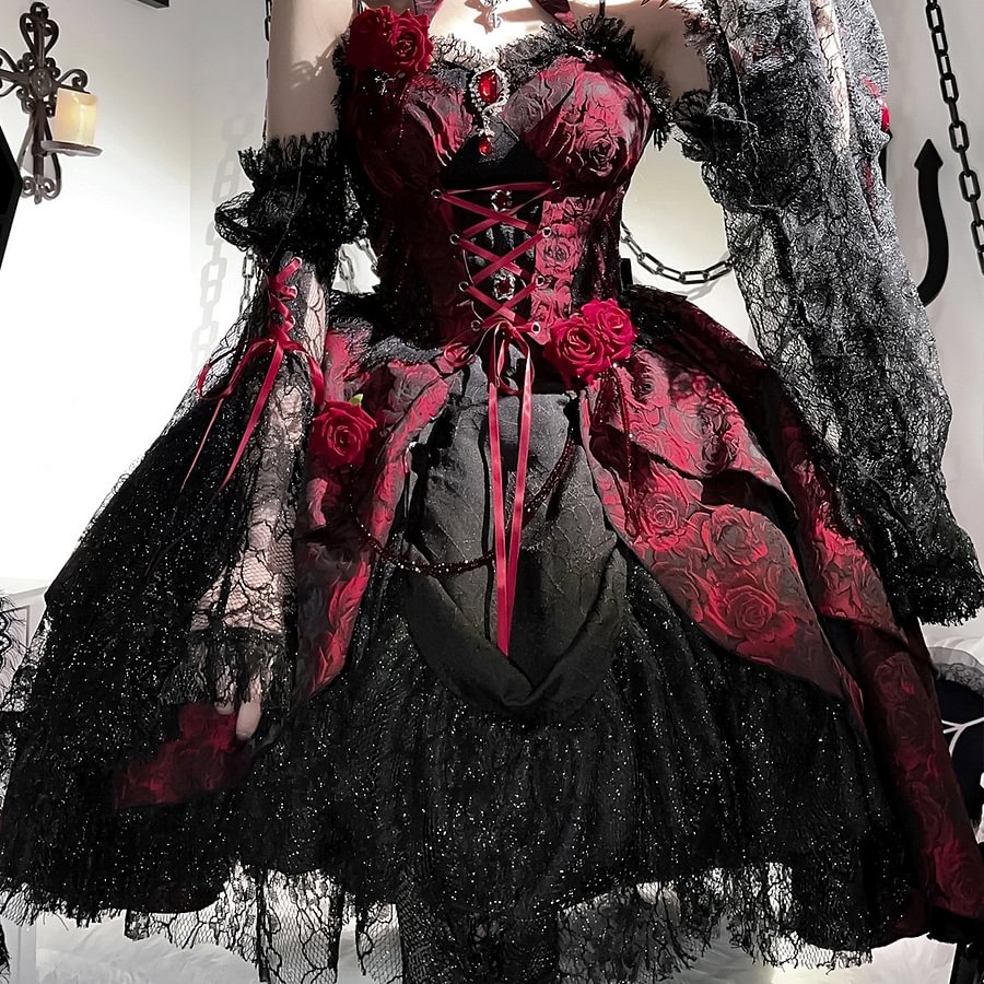 Gothic Lolita Original Rose Red Dark Jacquard Suspender Skirt with Sleeve for Halloween
