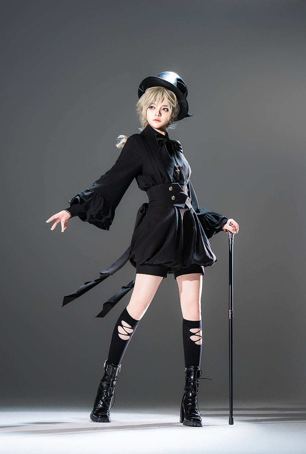 Ouji Fashion Black Dress Short Set with Ruffled Sleeves Bow Accents