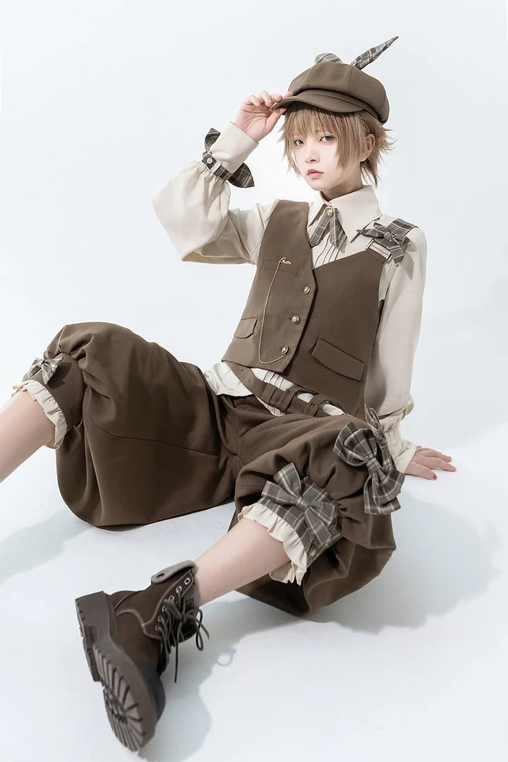 Ouji Fashion Coffee British Style Retro Spring and Autumn Cute Sweet Cool Vest Shirt Shorts Pants Prince Blouse Shirt