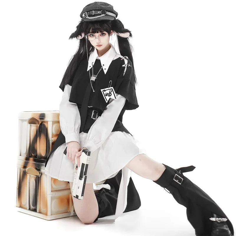 Ouji Fashion Cyber Noir Ensemble Nocturnal Rabbit Skirt Dimensional Detective Dress
