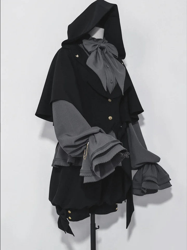 Ouji Fashion Dark Lolita Prince Set Black Rabbit Cloak Bow Gray Blouse Style Cool Ruffle
