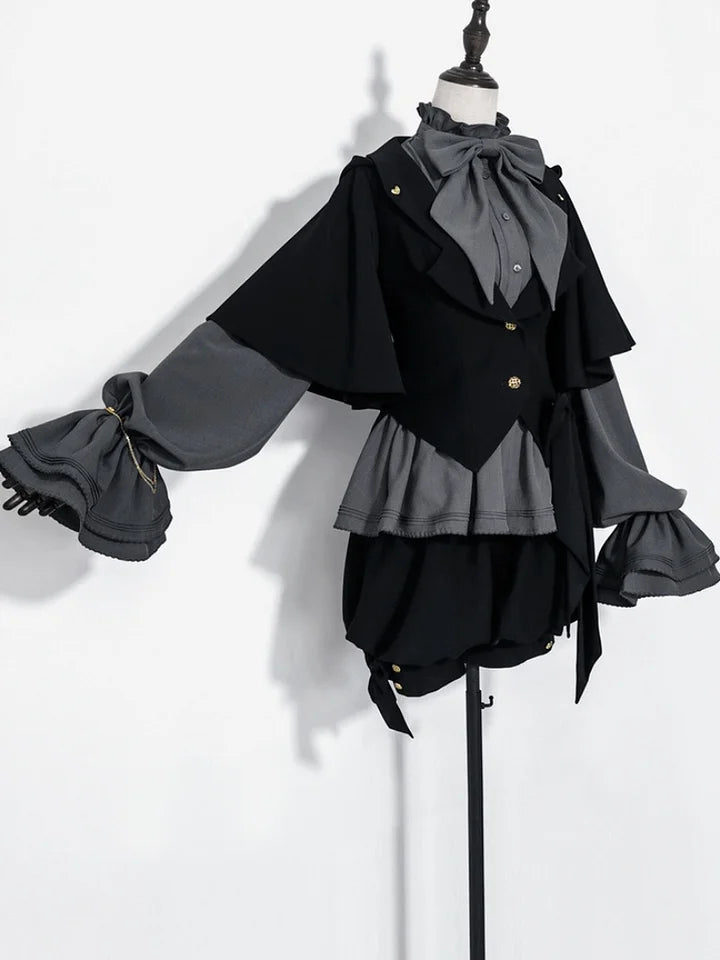 Ouji Fashion Dark Lolita Prince Set Black Rabbit Cloak Bow Gray Blouse Style Cool Ruffle