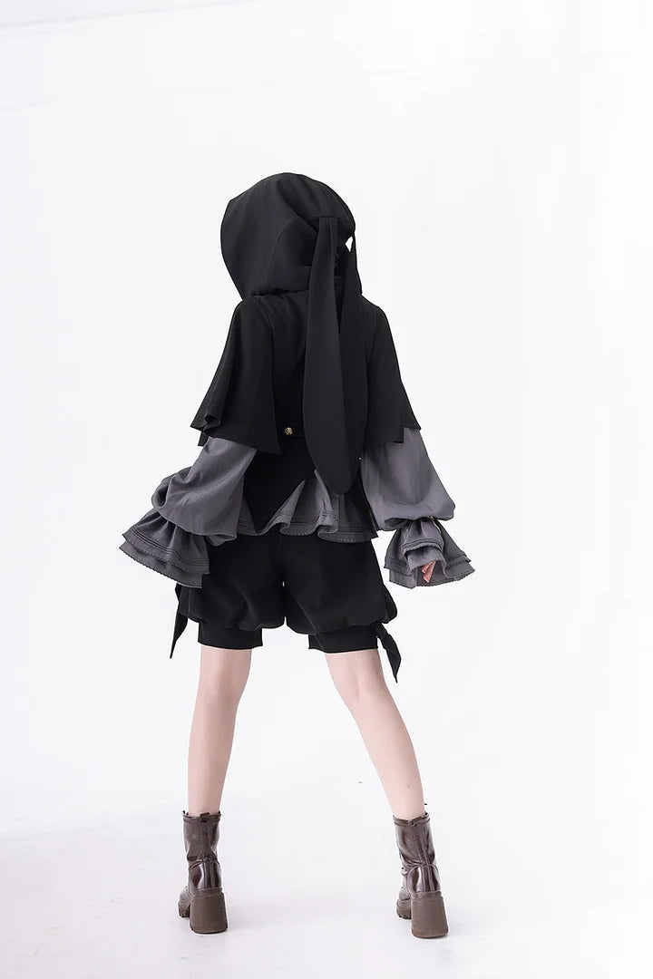 Ouji Fashion Dark Lolita Prince Set Black Rabbit Cloak Bow Gray Blouse Style Cool Ruffle
