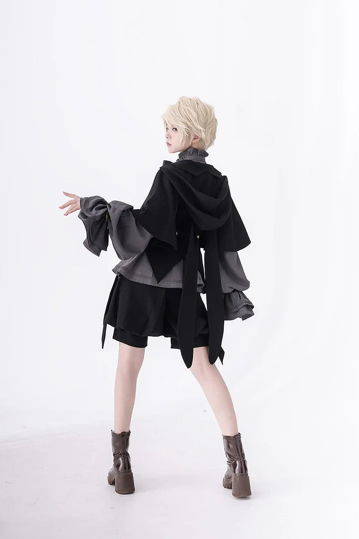 Ouji Fashion Dark Lolita Prince Set Black Rabbit Cloak Bow Gray Blouse Style Cool Ruffle