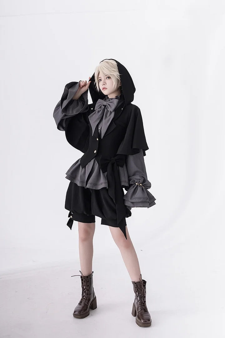 Ouji Fashion Dark Lolita Prince Set Black Rabbit Cloak Bow Gray Blouse Style Cool Ruffle