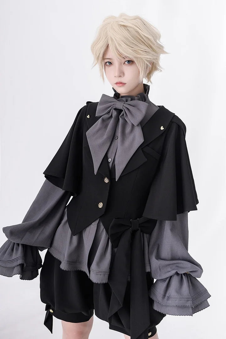 Ouji Fashion Dark Lolita Prince Set Black Rabbit Cloak Bow Gray Blouse Style Cool Ruffle