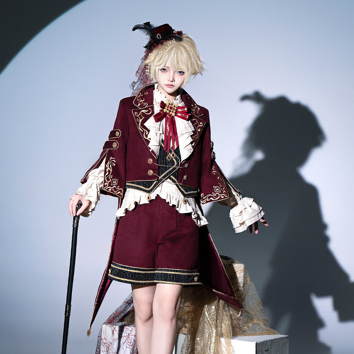 Ouji Fashion Dress Lolita Dress Set Burgundy Embroider Tailcoat with Ruffled Vest High Waisted Shorts