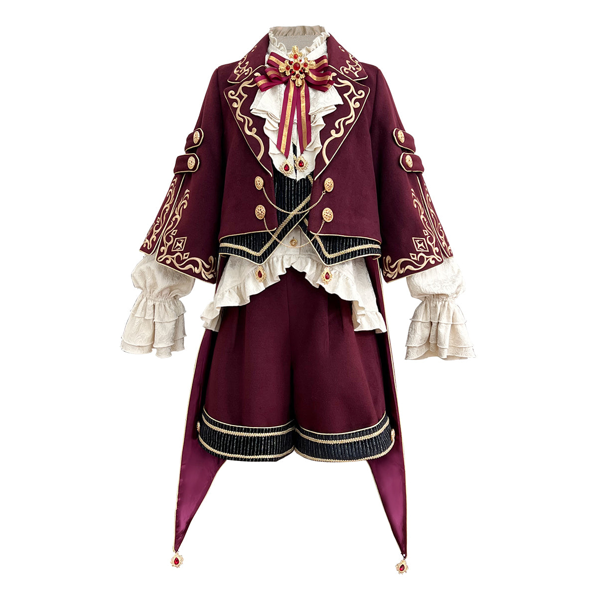 Ouji Fashion Dress Lolita Dress Set Burgundy Embroider Tailcoat with Ruffled Vest High Waisted Shorts