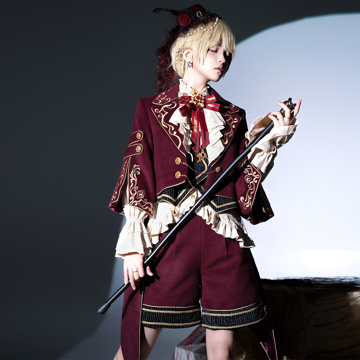 Ouji Fashion Dress Lolita Dress Set Burgundy Embroider Tailcoat with Ruffled Vest High Waisted Shorts