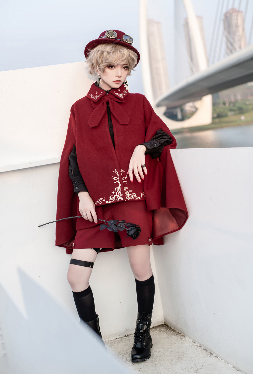 Ouji Fashion Embroidered Red Cape Set Vintage Medieval Lolita Little Prince Embroidered Wool Cloak