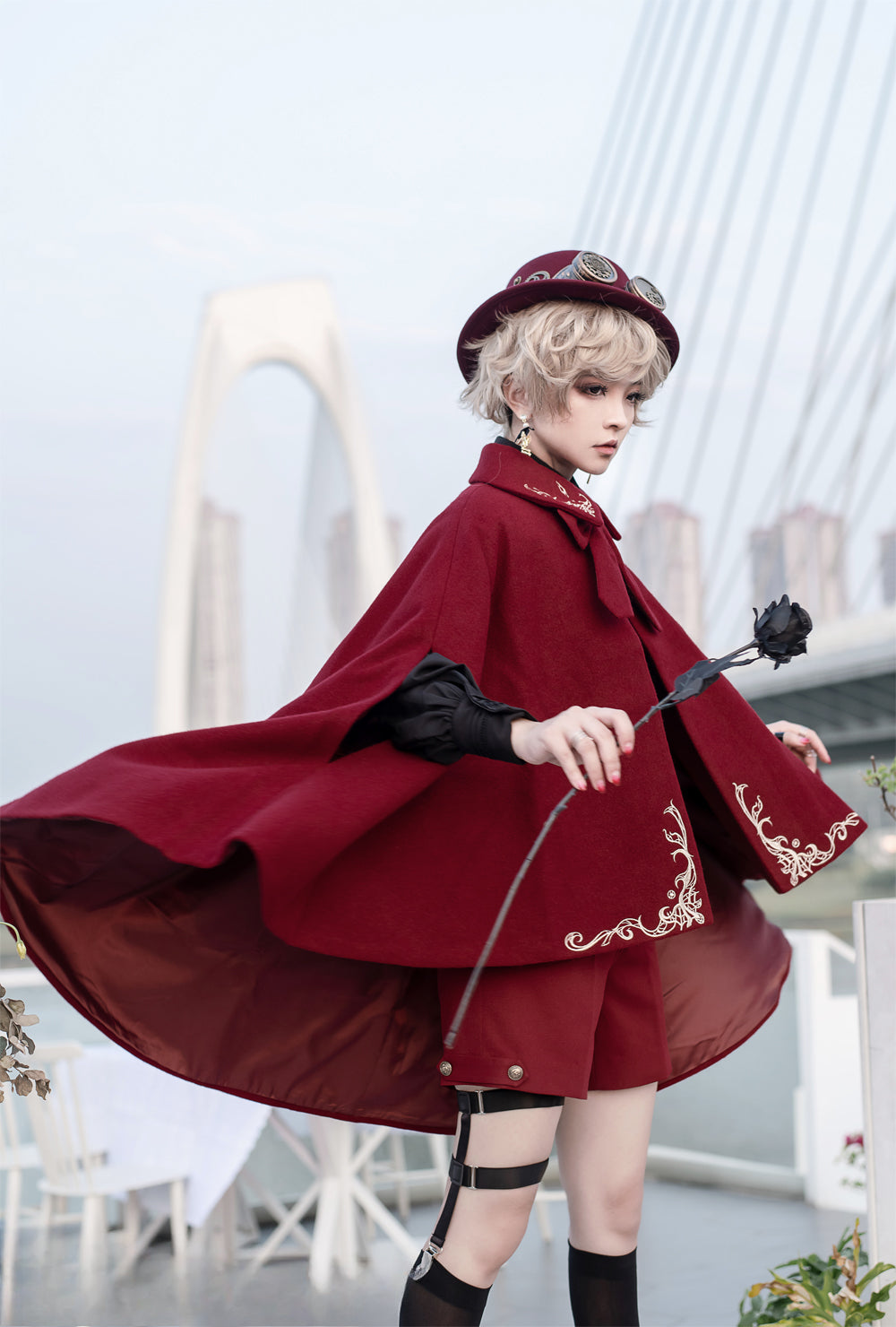 Ouji Fashion Embroidered Red Cape Set Vintage Medieval Lolita Little Prince Embroidered Wool Cloak