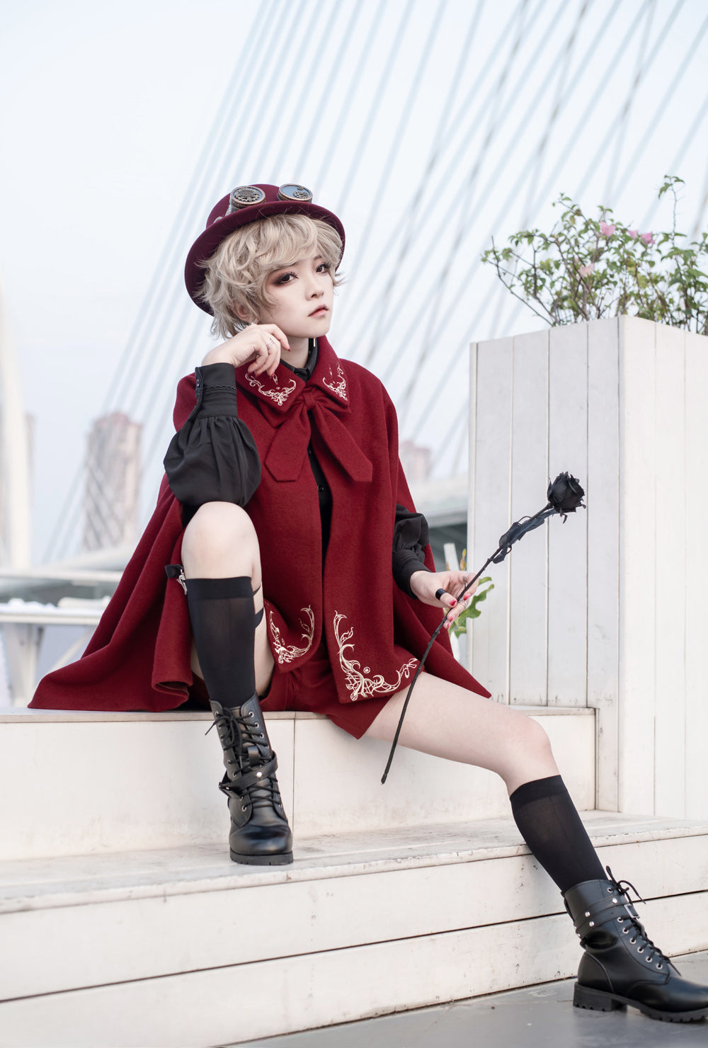 Ouji Fashion Embroidered Red Cape Set Vintage Medieval Lolita Little Prince Embroidered Wool Cloak
