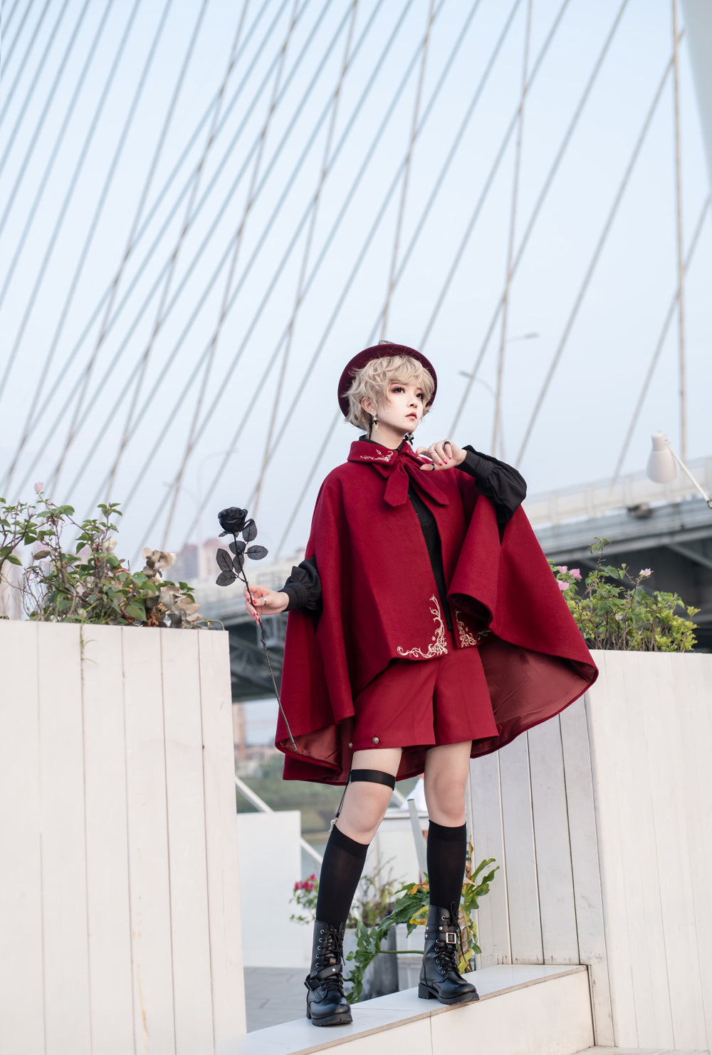 Ouji Fashion Embroidered Red Cape Set Vintage Medieval Lolita Little Prince Embroidered Wool Cloak