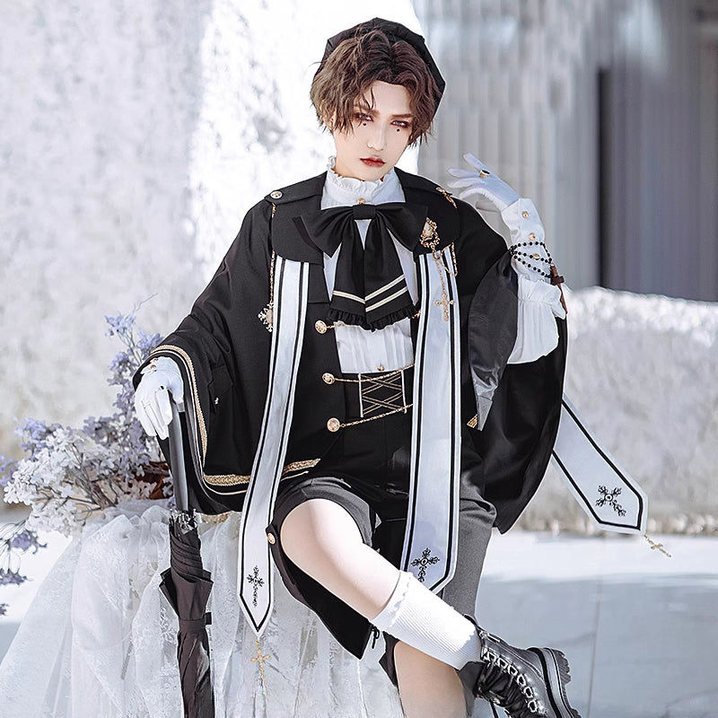 Ouji Fashion Goth Lolita Blouse Shorts Set Black White Gothic Lolita Ruffled Ensemble