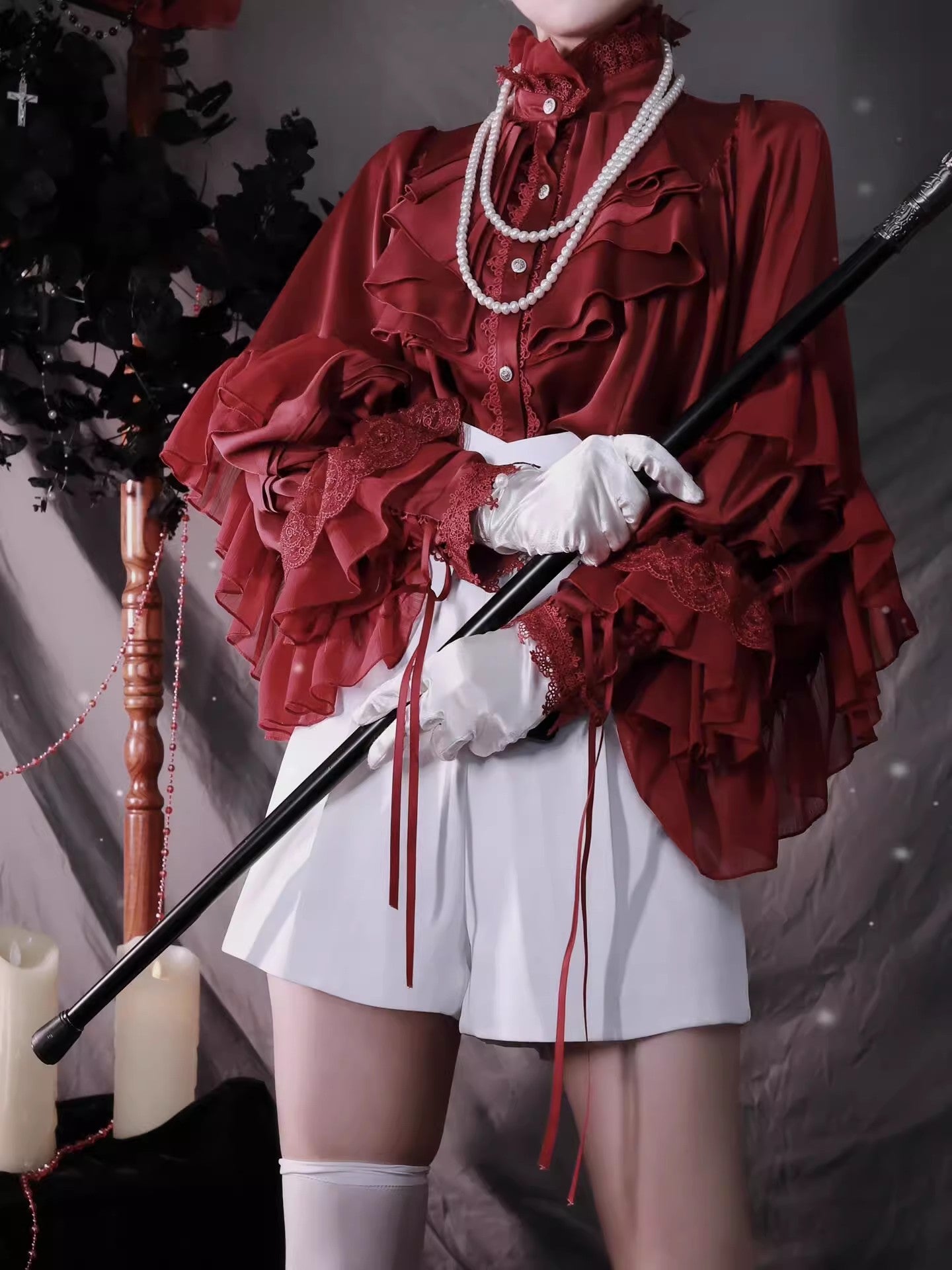 Ouji Fashion Goth Lolita Cloak Shirt Set Black Red Ruffled Military Lolita Inspired Sweet Cape Blouse Ensemble