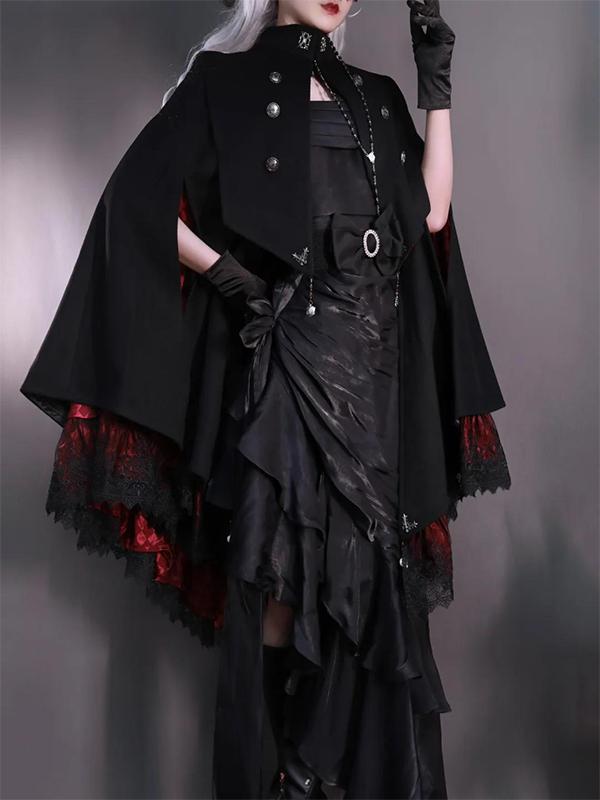Ouji Fashion Goth Lolita Cloak Shirt Set Black Red Ruffled Military Lolita Inspired Sweet Cape Blouse Ensemble