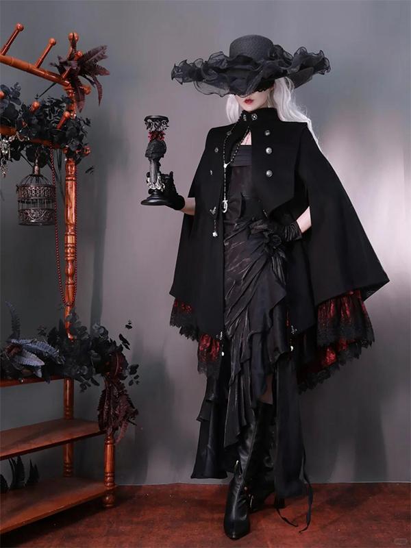 Ouji Fashion Goth Lolita Cloak Shirt Set Black Red Ruffled Military Lolita Inspired Sweet Cape Blouse Ensemble