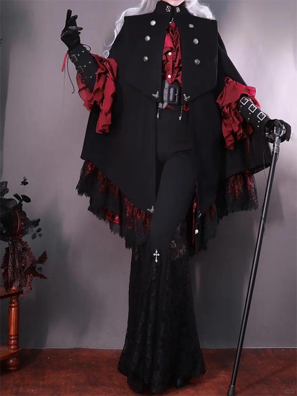 Ouji Fashion Goth Lolita Cloak Shirt Set Black Red Ruffled Military Lolita Inspired Sweet Cape Blouse Ensemble