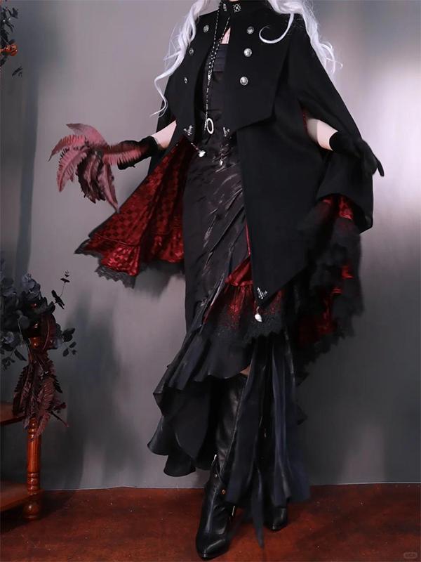 Ouji Fashion Goth Lolita Cloak Shirt Set Black Red Ruffled Military Lolita Inspired Sweet Cape Blouse Ensemble
