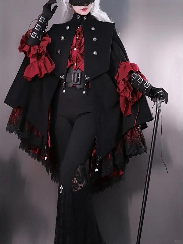 Ouji Fashion Goth Lolita Cloak Shirt Set Black Red Ruffled Military Lolita Inspired Sweet Cape Blouse Ensemble