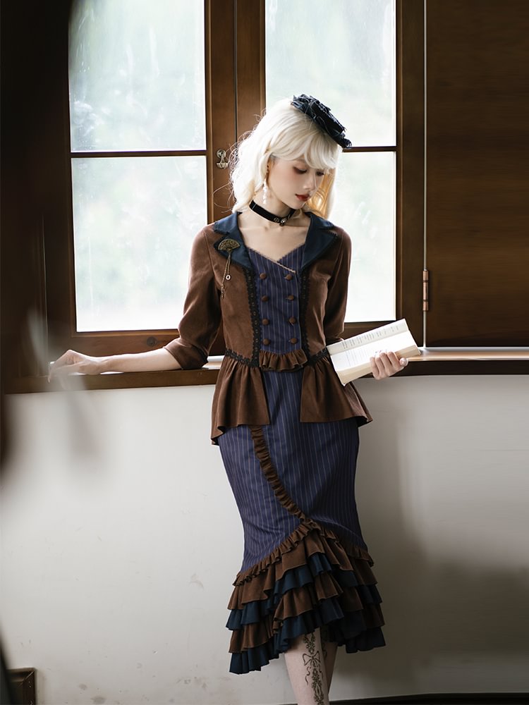Ouji Fashion Goth Lolita Vintage Steampunk Print Brown Embroidered Lolita Fishtail Suit Prince Style Shorts Suit Autumn
