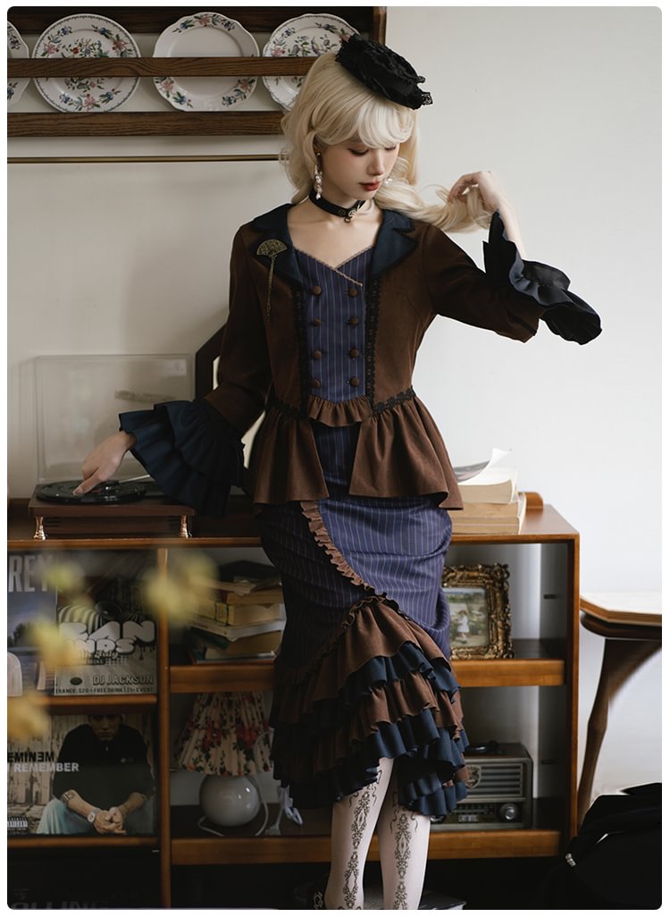 Ouji Fashion Goth Lolita Vintage Steampunk Print Brown Embroidered Lolita Fishtail Suit Prince Style Shorts Suit Autumn