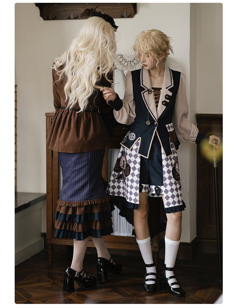 Ouji Fashion Goth Lolita Vintage Steampunk Print Brown Embroidered Lolita Fishtail Suit Prince Style Shorts Suit Autumn