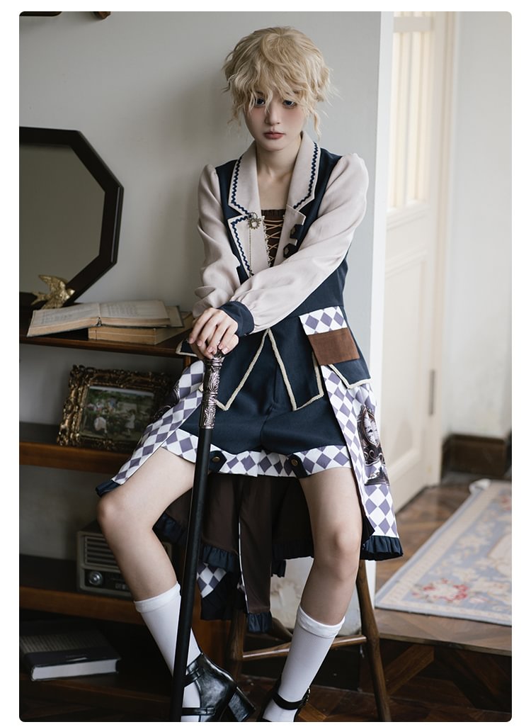 Ouji Fashion Goth Lolita Vintage Steampunk Print Brown Embroidered Lolita Fishtail Suit Prince Style Shorts Suit Autumn