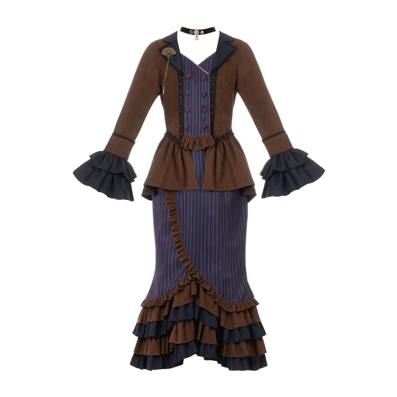 Ouji Fashion Goth Lolita Vintage Steampunk Print Brown Embroidered Lolita Fishtail Suit Prince Style Shorts Suit Autumn