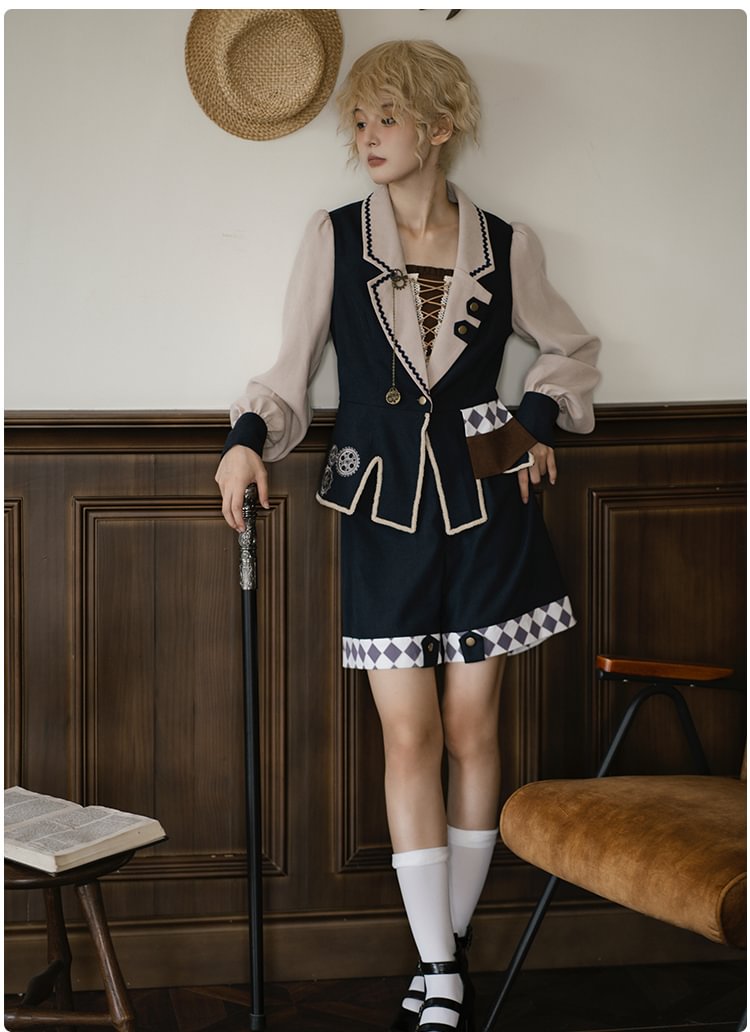 Ouji Fashion Goth Lolita Vintage Steampunk Print Brown Embroidered Lolita Fishtail Suit Prince Style Shorts Suit Autumn