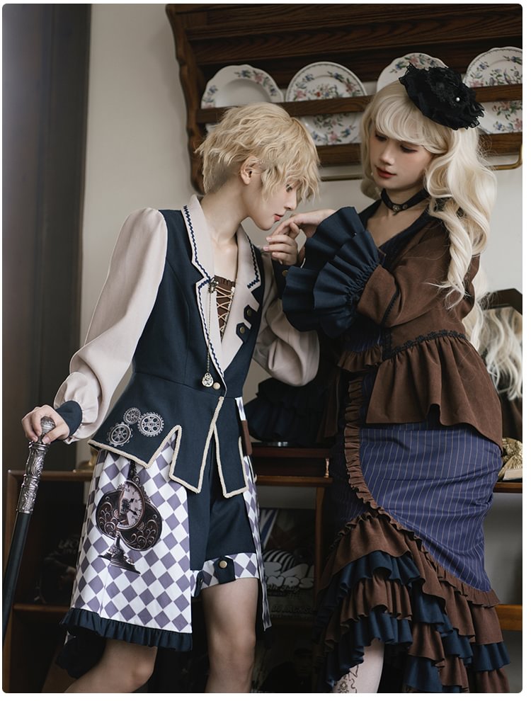 Ouji Fashion Goth Lolita Vintage Steampunk Print Brown Embroidered Lolita Fishtail Suit Prince Style Shorts Suit Autumn