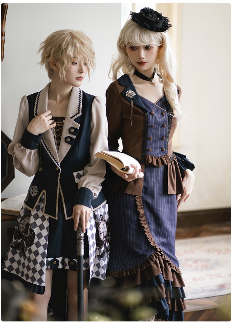 Ouji Fashion Goth Lolita Vintage Steampunk Print Brown Embroidered Lolita Fishtail Suit Prince Style Shorts Suit Autumn