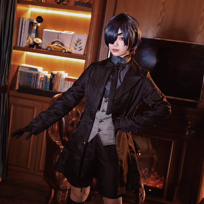 Ouji Fashion Gothic Lolita  Aristocrat  Set Black Tailcoat with Vest Shorts Black Butler