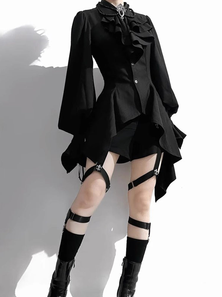 Ouji Fashion Gothic Lolita Asymmetricric Shirt Set Black Ruffled Peplum with Harness Short