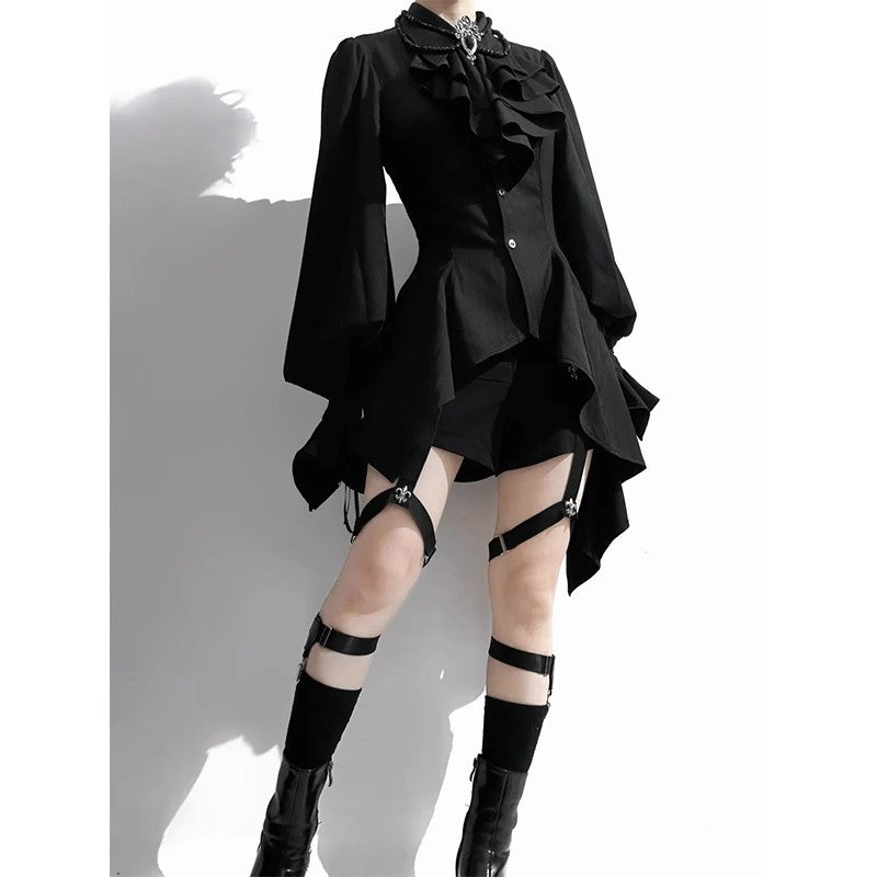 Ouji Fashion Gothic Lolita Asymmetricric Shirt Set Black Ruffled Peplum with Harness Short