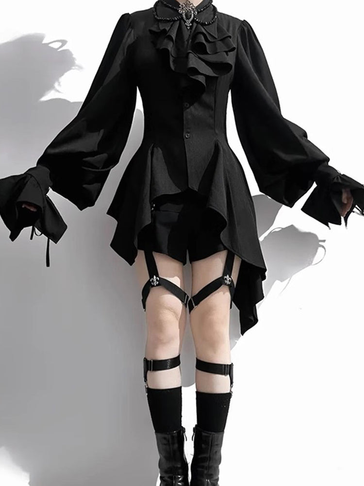Ouji Fashion Gothic Lolita Asymmetricric Shirt Set Black Ruffled Peplum with Harness Short