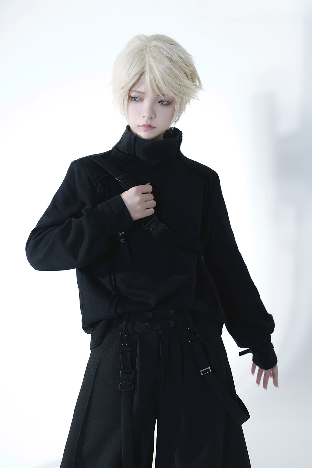Ouji Fashion Gothic Lolita Set Black Burgundy Hooded Cloak with Long Wide Leg Pants Layered Shawl Blouse