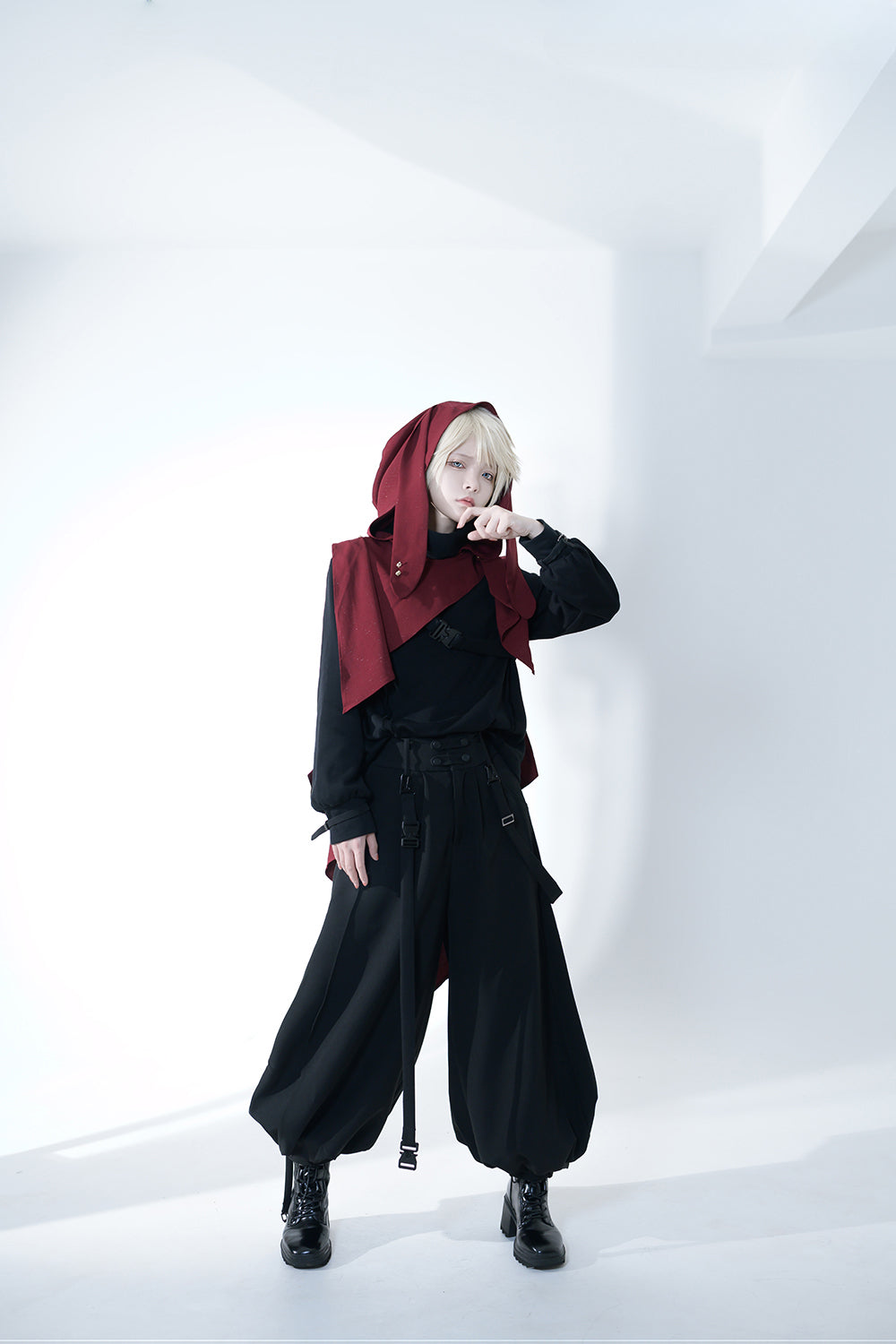 Ouji Fashion Gothic Lolita Set Black Burgundy Hooded Cloak with Long Wide Leg Pants Layered Shawl Blouse