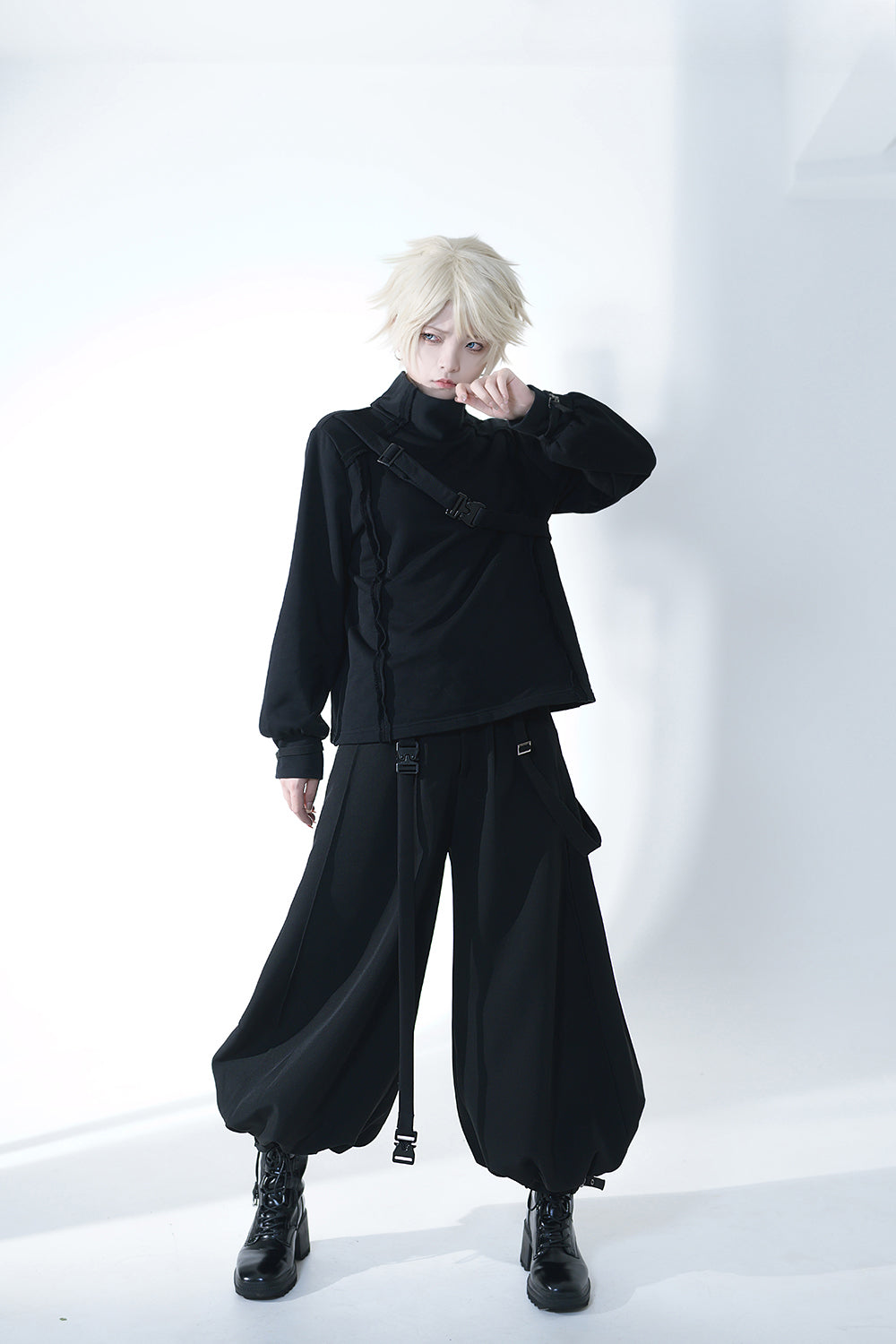 Ouji Fashion Gothic Lolita Set Black Burgundy Hooded Cloak with Long Wide Leg Pants Layered Shawl Blouse