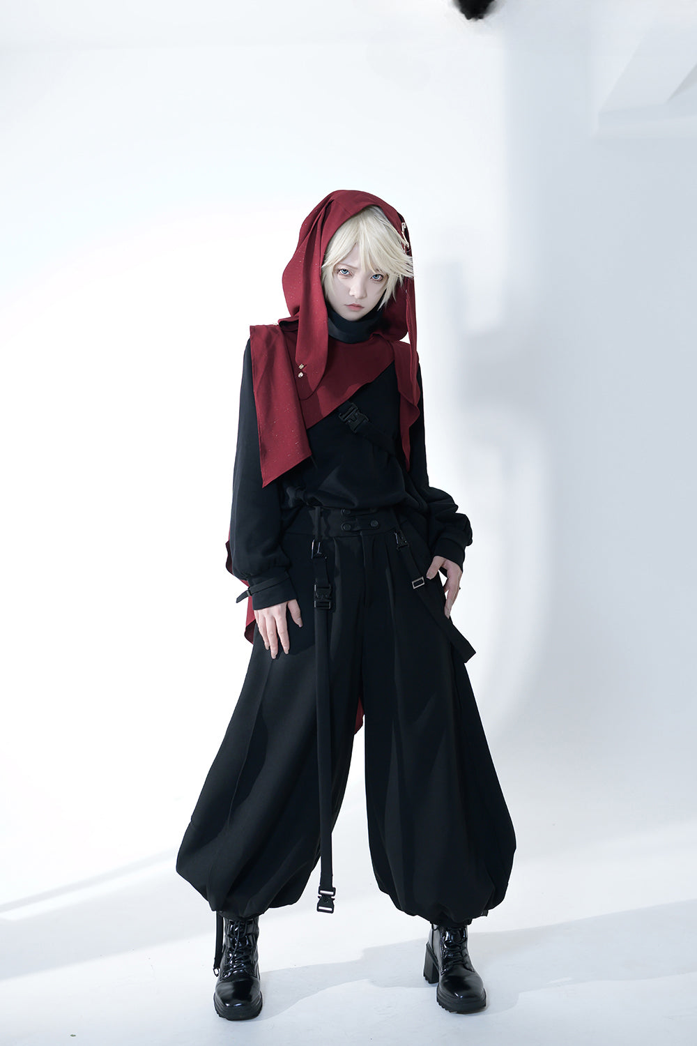 Ouji Fashion Gothic Lolita Set Black Burgundy Hooded Cloak with Long Wide Leg Pants Layered Shawl Blouse