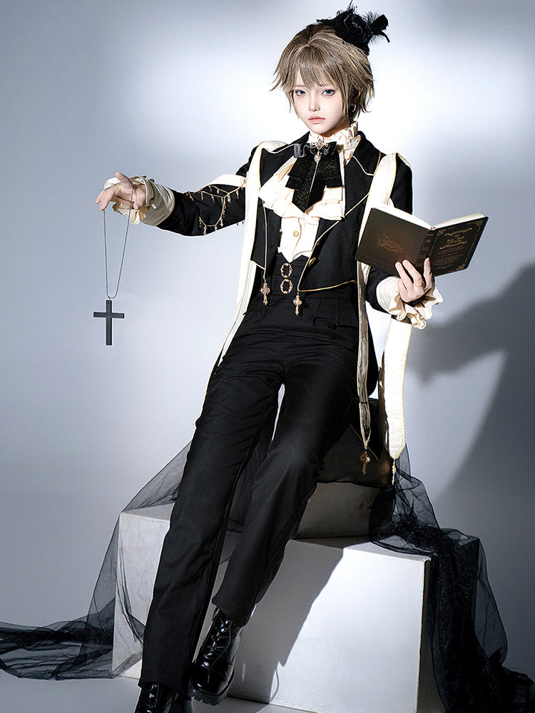 Ouji Fashion Gothic Regal Lolita Ensemble Black Gold Embroidered Tailcoat Ruffled Blouse Tailored Pants
