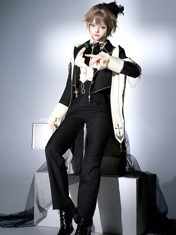 Ouji Fashion Gothic Regal Lolita Ensemble Black Gold Embroidered Tailcoat Ruffled Blouse Tailored Pants