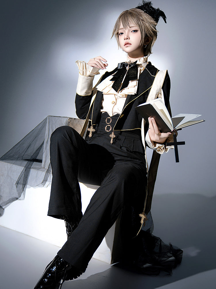 Ouji Fashion Gothic Regal Lolita Ensemble Black Gold Embroidered Tailcoat Ruffled Blouse Tailored Pants