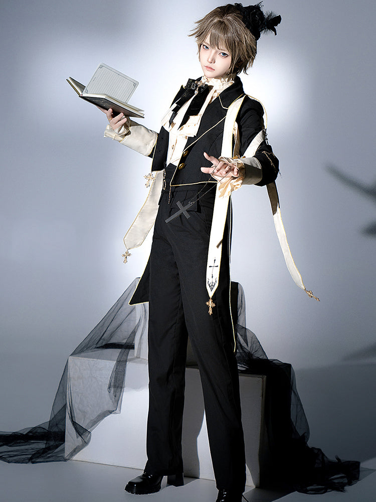 Ouji Fashion Gothic Regal Lolita Ensemble Black Gold Embroidered Tailcoat Ruffled Blouse Tailored Pants