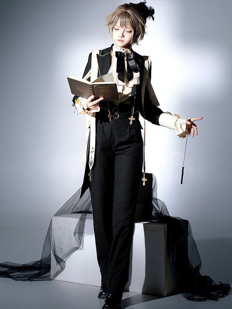 Ouji Fashion Gothic Regal Lolita Ensemble Black Gold Embroidered Tailcoat Ruffled Blouse Tailored Pants
